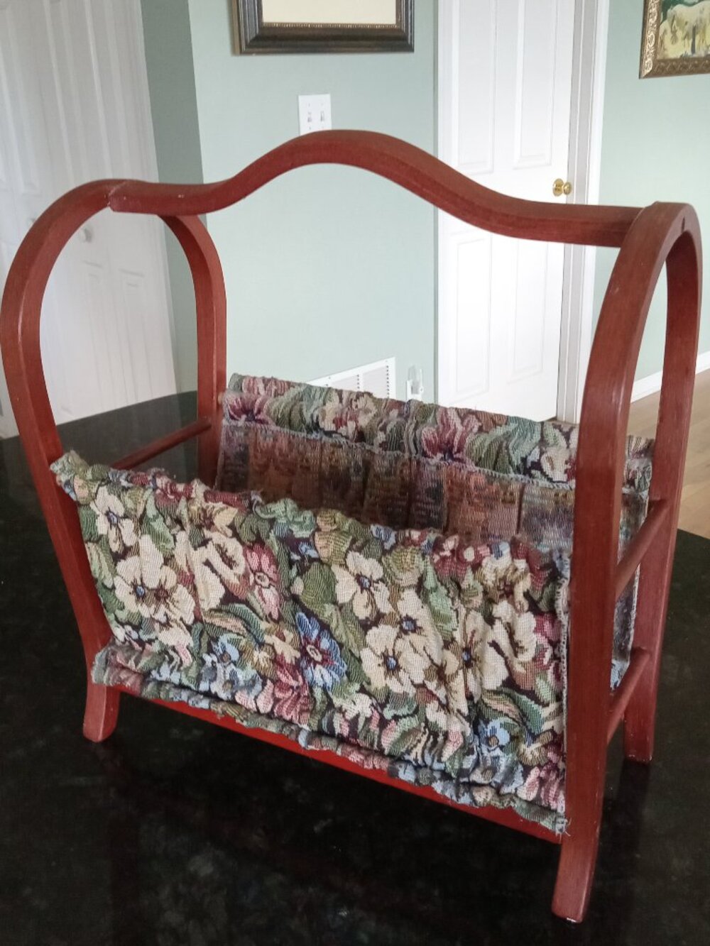 Floral Tapestry & Mahogany Wooden Magazine Rack